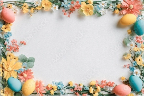 Obraz Easter-themed frame with pastel eggs and colorful flowers on a white surface