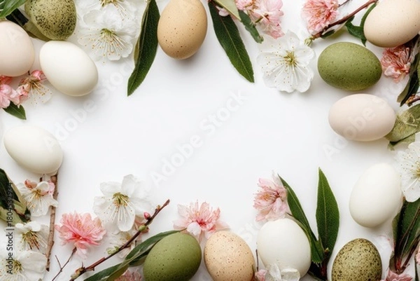Obraz Easter arrangement features eggs, floral sprigs, and greenery on a clean white backdrop