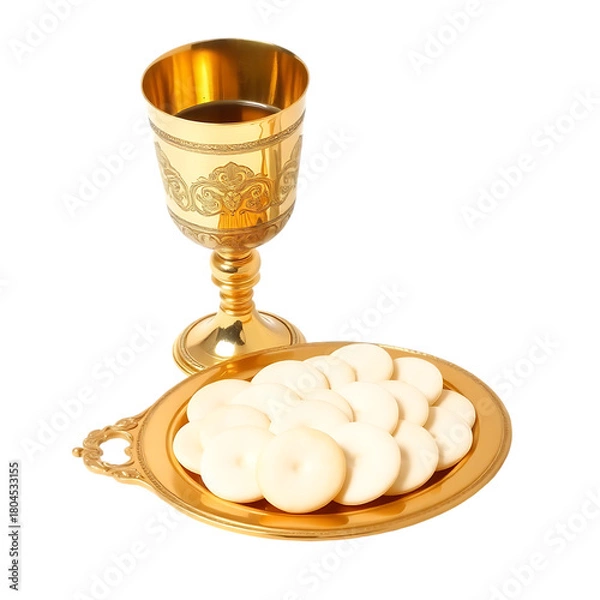 Obraz A golden chalice and plate with wafers representing communion or eucharist