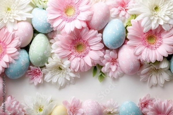 Obraz Pastel flowers and patterned eggs on a white surface, celebrating spring and Easter