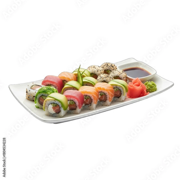 Fototapeta Assorted Sushi Rolls Platter With Wasabi Pickled Ginger And Soy Sauce On A White Plate Isolated On Black Background
