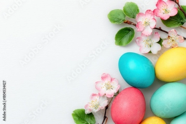 Obraz Pastel eggs and blossoms adorn a white surface, evoking spring and Easter joy