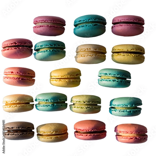 Fototapeta Assortment Of Colorful French Macarons Arranged In Rows And Columns With A Black Background Isolated Studio Shot