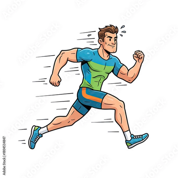 Fototapeta Athletic Man Running with Blue and Green T-shirt and Blue Shorts White Background Sweat Dripping Dynamic Motion