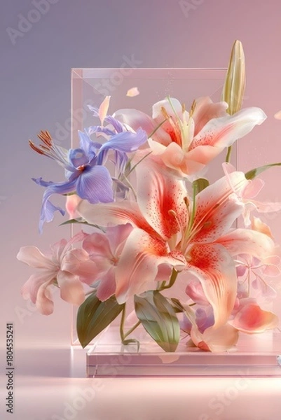 Obraz Floral arrangement of lilies & irises in a clear cube against a gradient background