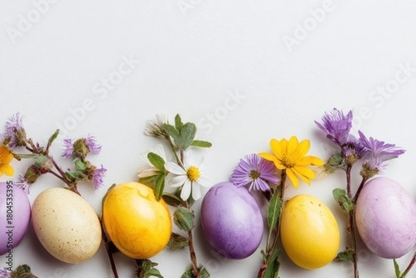 Obraz Pastel Easter eggs nestled amongst delicate wildflowers against a clean white background