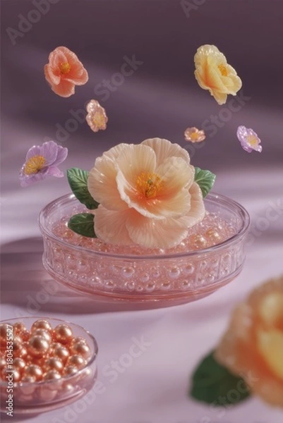 Obraz Pastel floral arrangement with floating blossoms and bead details, soft lighting