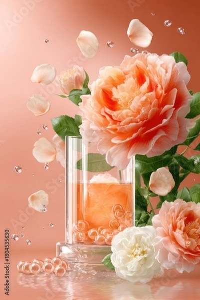 Obraz Peach-toned roses in a glass with falling petals and water droplets against a warm background
