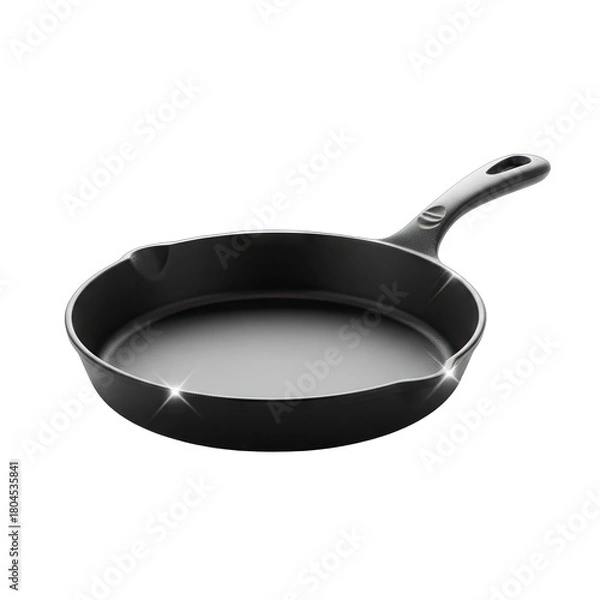 Fototapeta Black Cast Iron Skillet with Reflective Sheen Isolated on a Transparent Background Displaying a Shiny Surface and Ergonomic Handle for Culinary Use