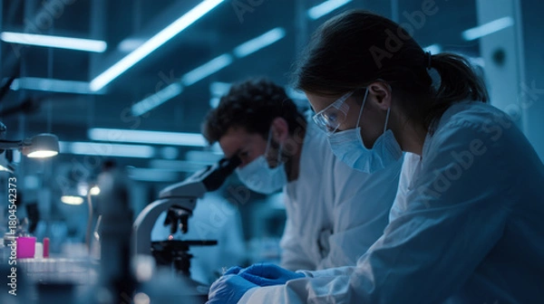 Fototapeta Two scientists working in a laboratory with a microscope and medical equipment near them