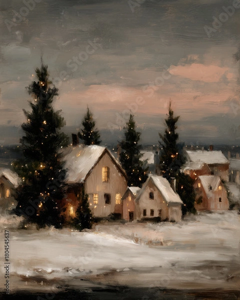 Fototapeta A charming winter village scene with snow-covered rooftops and twinkling Christmas trees, illuminated by warm lights