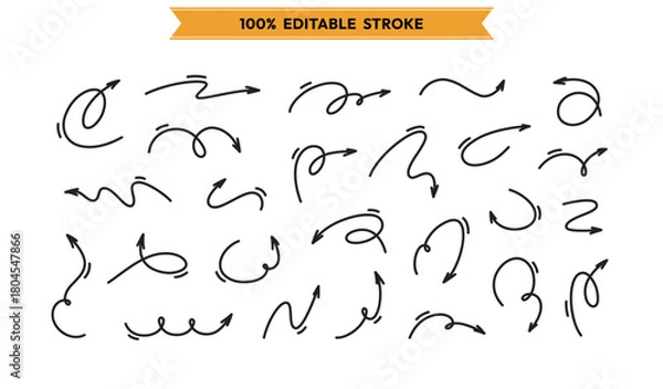 Fototapeta Linear hand drawn curly doodle arrows set in playful style. Editable stroke