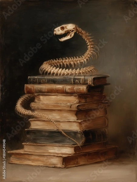 Obraz A snake skeleton coiled on a stack of old books, captured in a vintage oil painting style. The skull is clearly visible at the top of the spine, creating an intriguing contrast between the natural and