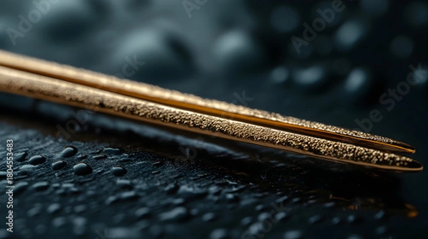 Obraz Wet golden chopsticks on dark surface