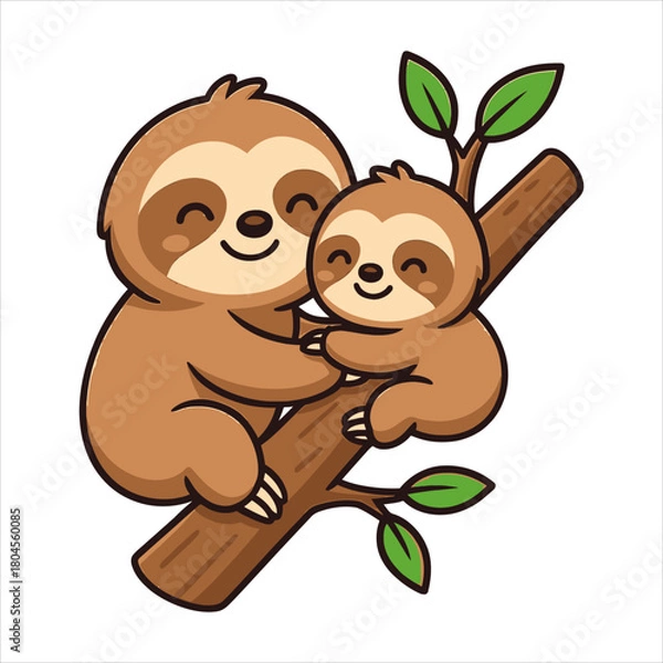 Fototapeta Cute mother and baby sloth hugging on a tree branch flat vector logo illustration