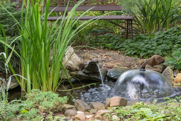 Fototapeta Tranquil garden pond with a small umbrella fountain and frog-shaped fountain surrounded by lush green plants, rocks and wooden bench in background.