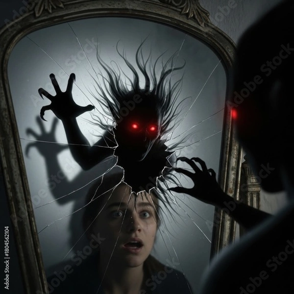 Fototapeta Terrified Woman Sees Demonic Reflection in Broken Mirror with Glowing Red Eyes.