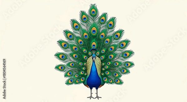 Obraz Illustration of a Vibrant Peacock with Fully Spread Feathers on Beige Background