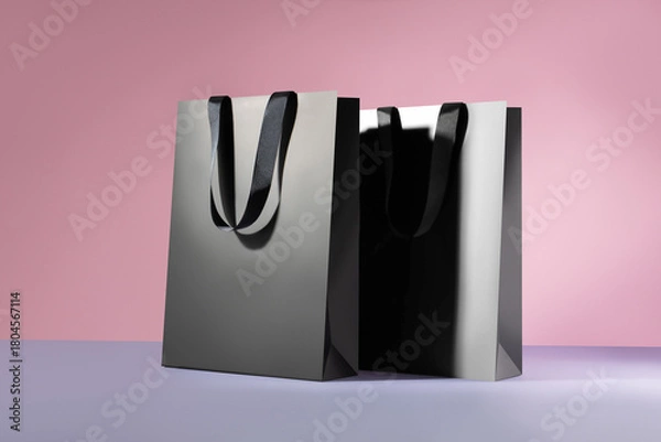 Fototapeta Black paper glossy shopping bag mockup with black handles	
