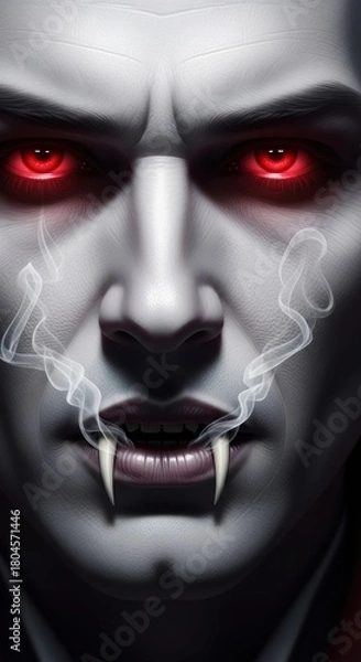 Fototapeta Vampire Portrait with Red Eyes and Smoke, Digital Art.