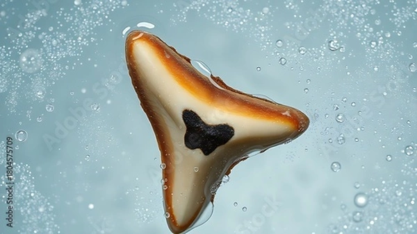 Fototapeta Close-up of a single, translucent shark tooth showing signs of corrosion in acidic, effervescent water.
