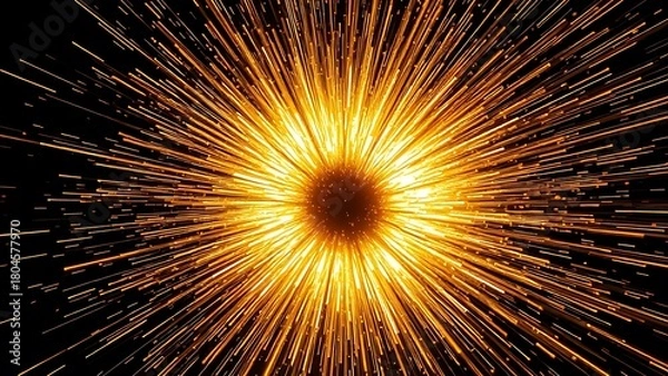 Fototapeta An explosive abstract corona of golden and white energy erupting from a dark center, sending out waves of luminous particles.