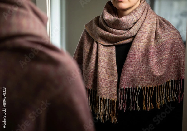 Fototapeta Earth-Friendly Winter Shawl Sustainable Silk Recycled Fringe Zero-Waste Weave Biodegradable Dye Green Holiday Wrap Organic Tassel Compostable Edge Earth-Friendly Layer Plastic-Free Festive Scarf