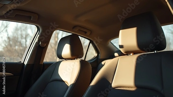 Fototapeta Car interior with sunlight streaming through the window, focusing on empty seats.