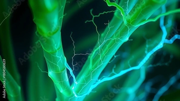 Fototapeta Ultra-closeup of vibrant green plant veins pulsing with neon-blue bio-engineered carbon pathways, revealing intricate networks.