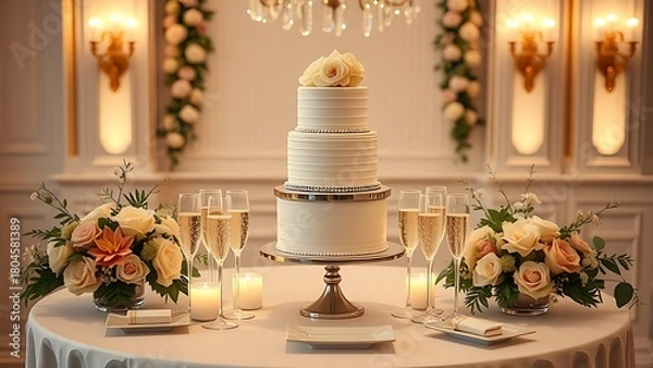 Fototapeta Elegant wedding catering display with tiered cake and floral arrangements.