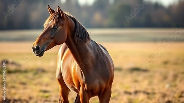Fototapeta A majestic brown horse standing in an open field, side profile.