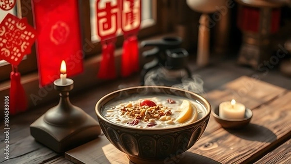 Fototapeta Steaming ceramic bowl of Laba porridge with grains and dried fruits on a rustic wooden table.