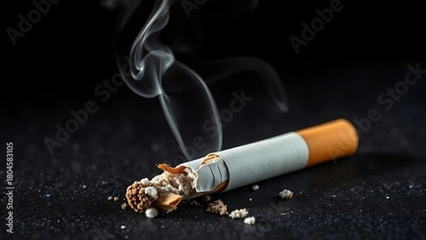 Fototapeta Crushed cigarette with rising smoke on a dark surface, symbolic concept.