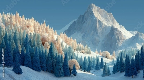 Fototapeta Winter mountain landscape with stylized trees and clouds, illustration