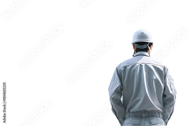 Obraz クリーンな白背景で佇む日本人作業員の後ろ姿（安全ヘルメット）