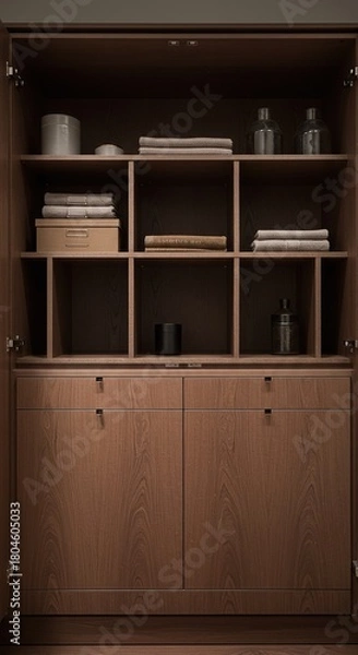 Fototapeta Luxurious custom storage cabinet with elegant built-in compartments designed for specialized items and maximizing high-end organizational space ,bespoke ,custom ,metal