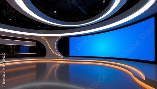Fototapeta Modern broadcast studio with curved lighting and blue screen