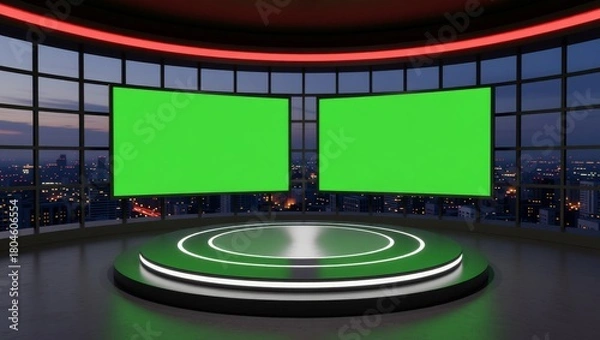 Obraz Modern studio with green screens and cityscape at dusk