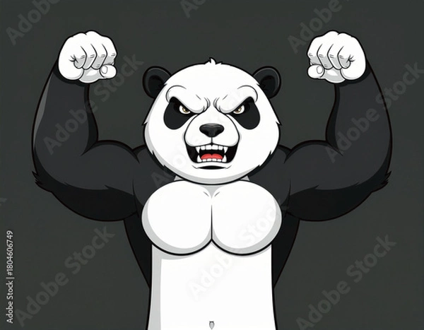 Obraz A cartoon panda with exaggerated muscular human-like arms flexed. Ai