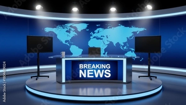 Fototapeta Breaking news studio with world map backdrop