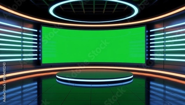 Obraz Modern studio with green screen and neon lighting