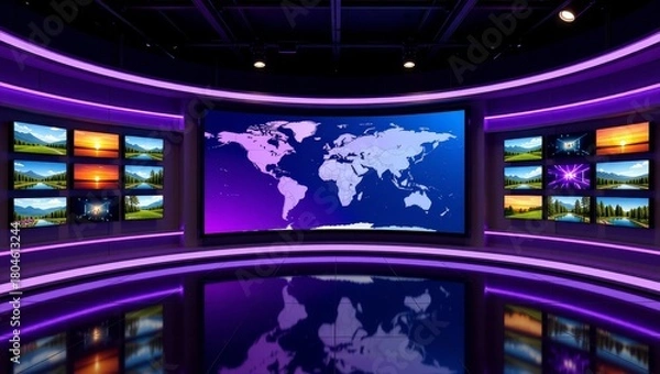 Fototapeta News studio with world map and nature screens