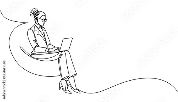 Obraz Woman working on laptop continuous line drawing vector design