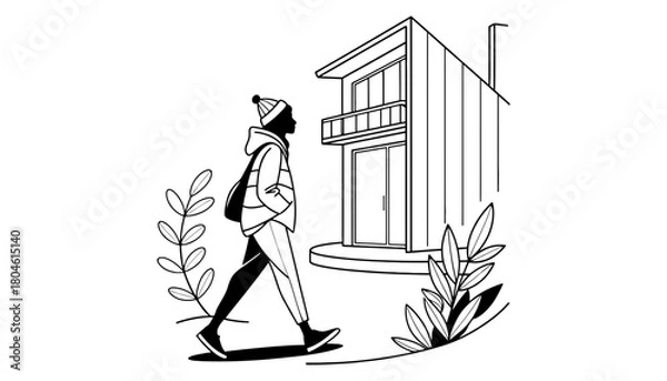 Obraz Modern home design with person walking illustration vector