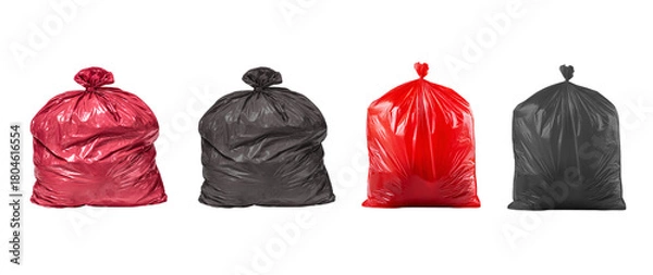 Fototapeta Four colorful garbage bags for waste management use on transparent background