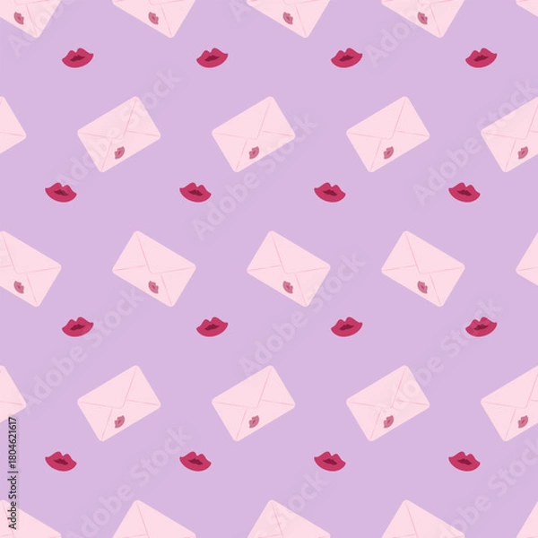 Obraz Charming seamless pattern featuring repeating pastel pink envelopes sealed with lipstick kisses and floating lips on a soft purple background, ideal for digital paper and romantic textile prints.
