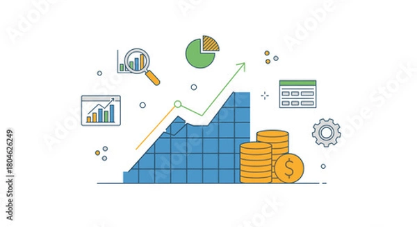Fototapeta Illustration depicting financial growth with a rising graph, coins, and data analysis icons.