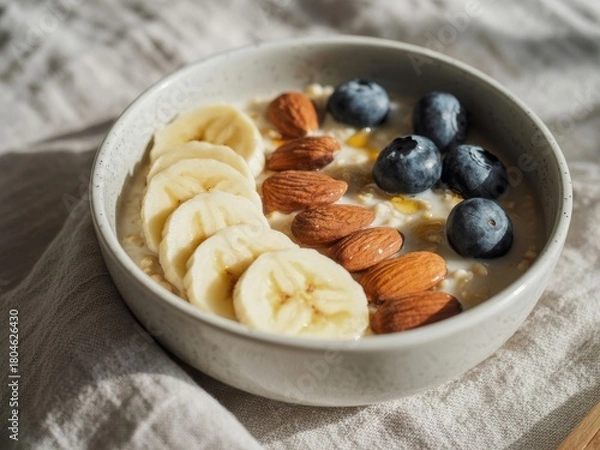 Fototapeta Healthy breakfast bowl with warm oatmeal, sliced banana, blueberries, and almonds