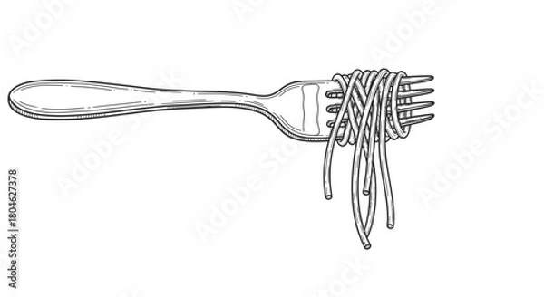 Fototapeta A drawing of spaghetti noodles wrapped around the tines of a fork, isolated on a white background.