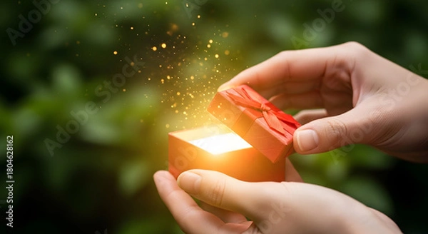 Obraz Hands opening a glowing gift box releasing magical sparkling light and particles